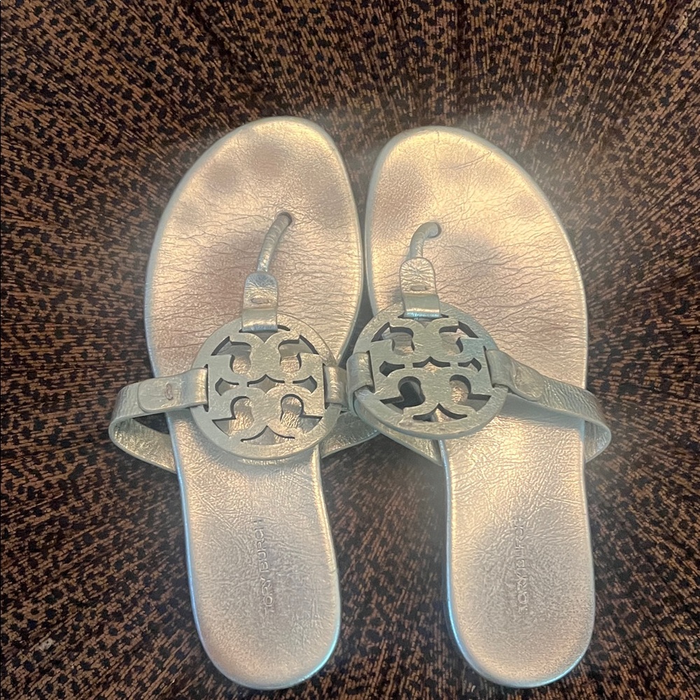 Tory Burch Metallic Silver Logo Thong Sandals